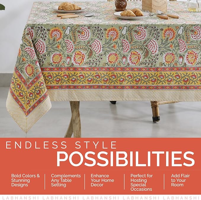 Labhanshi Indian Hand Block Print Rectangle Table Cover for Kitchen Dining Table|6 Seater Picnic Camping Outdoor Cotton Fall Table Cloth|Spring Easter Table Cloth Decor 60 X 90 Inches Burnt Orange
