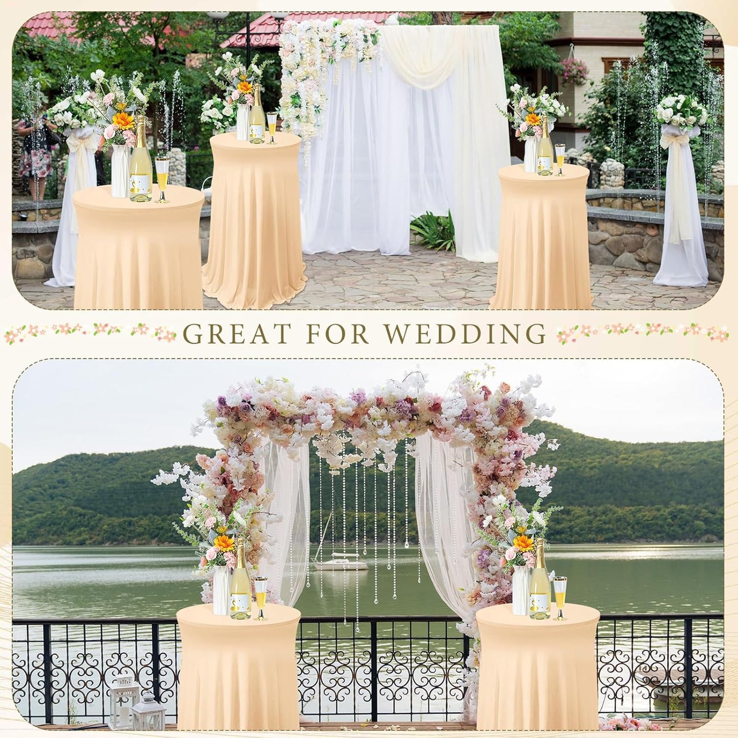 Tegeme 1 Pack 32 x 43 Inch Round Spandex Cocktail Tablecloths with Skirt Cocktail Round Table Cover Spandex Stretch Tablecloth for Fitted High Top Table Bar Wedding Party Banquet (Champagne)
