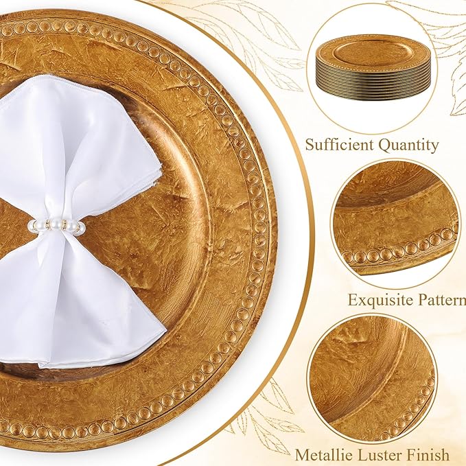 12 Pcs 13" Vintage Bronze Charger Plates Round Beaded Copper Brown Chargers Bulk Wedding Reusable Serving Plate Elegant Table Plates for Catering Family Party Restaurant Home Dinner Supplies