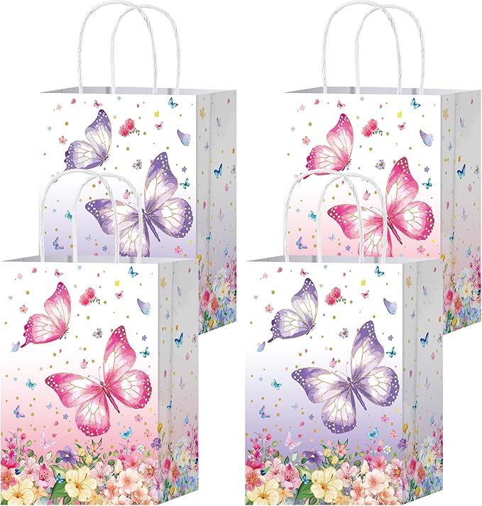HongXingHai 16Pcs Butterfly Party Favors Gift Goodie Bags Pink Purple Flowers Treat Candy Small Floral Paper Bags with Handles for Kids Birthday Party (Butterflies, 16)