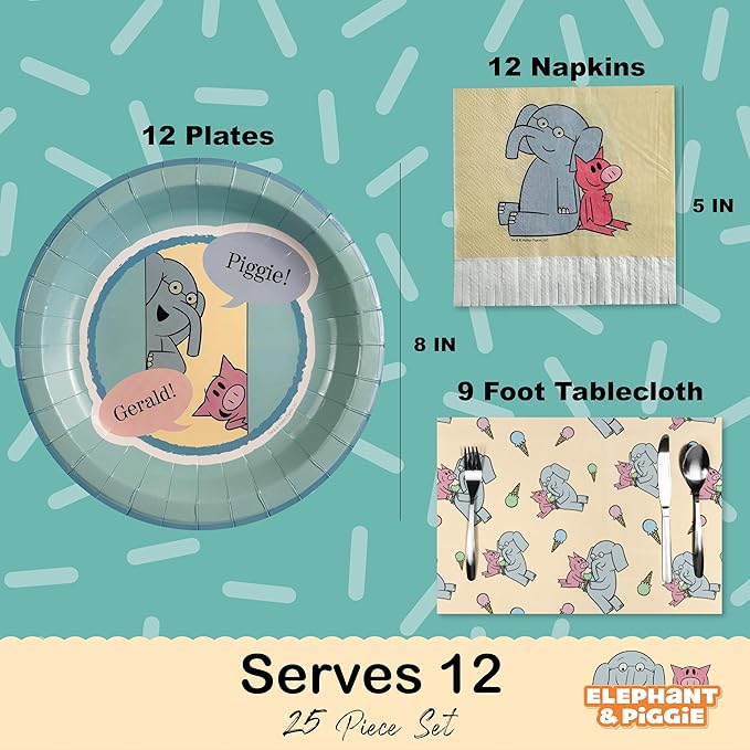 Elephant and Piggie Party Supplies for Birthday Party Decor with 12 Plates 12 Napkins and 1 Tablecloth for 9 Foot Table with Mo Willems Gerald and Piggie Book Characters (Tableware)