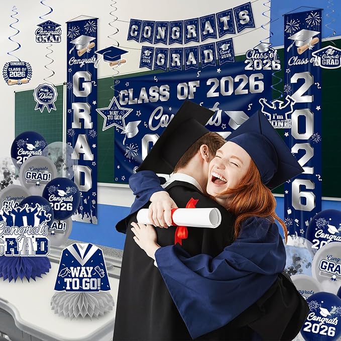 Graduation Decorations Class of 2026 Blue and Silver Graduation Party Decor Set include Congrats Grad Banner Backdrop Class of 2026 Balloons Party Supplies