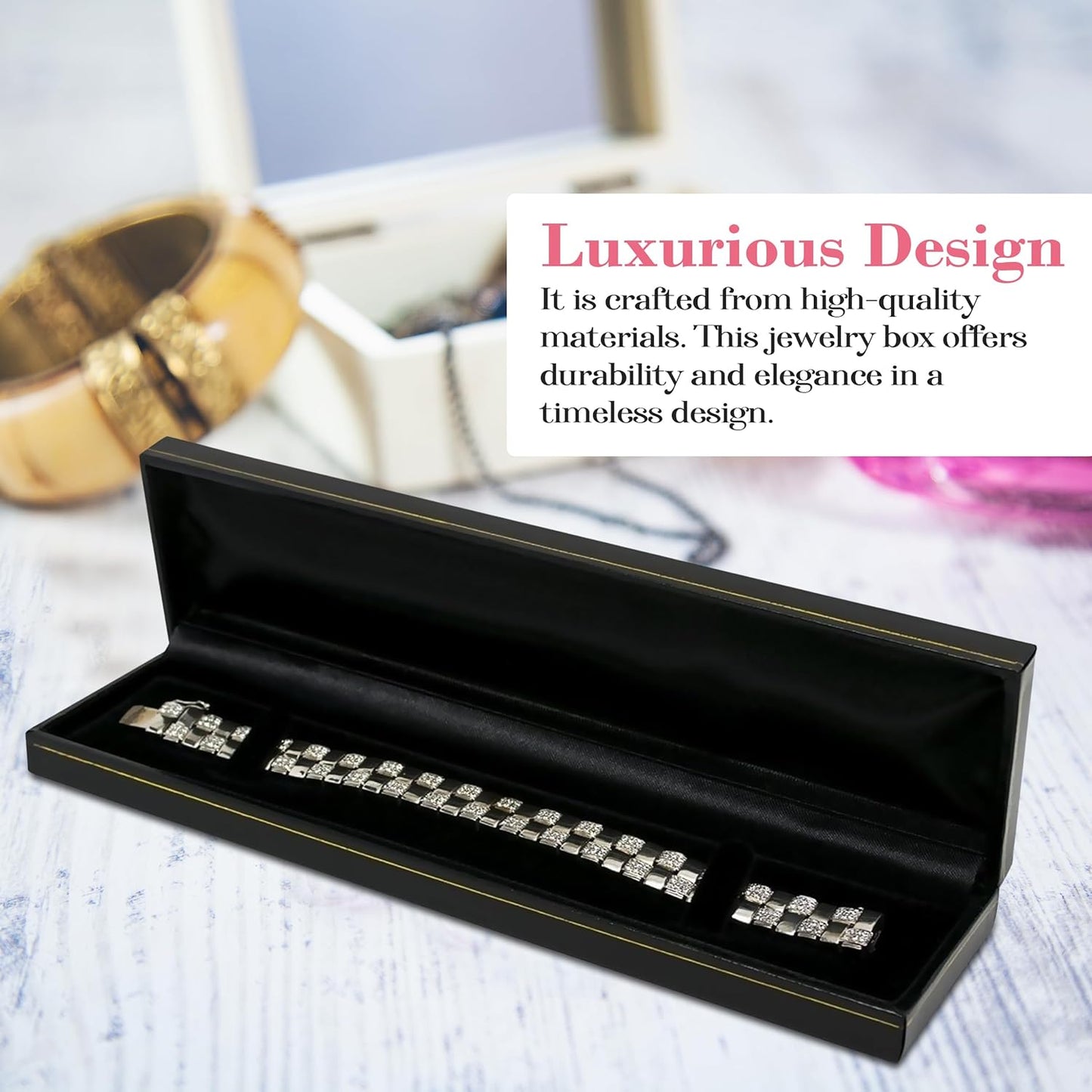 Novel Box Black Jewelry Box for Bracelets 8.6x2.25x1 Inches - Bracelet Gift Boxes with Gold Trim - Faux Leatherette Bracelet Storage Case - Gift Presentation Cases for Bracelets Only