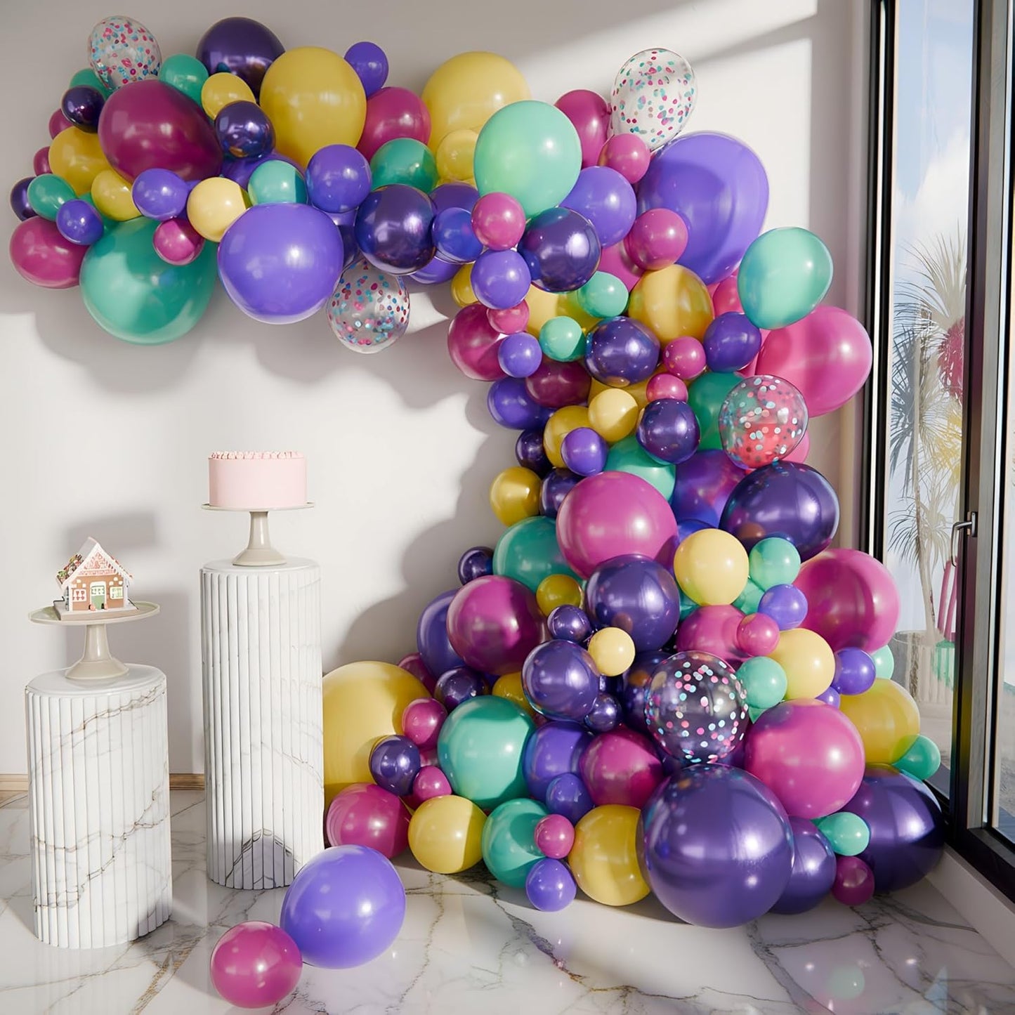 Balloon Garland Arch Kit – 146 Pcs Hot Pink, Metallic Purple, Purple, Cream Beige, Yellow & Confetti Balloons for Baby Shower, Birthday, Gender Reveal, Wedding Party – DIY Kit by Vellax™