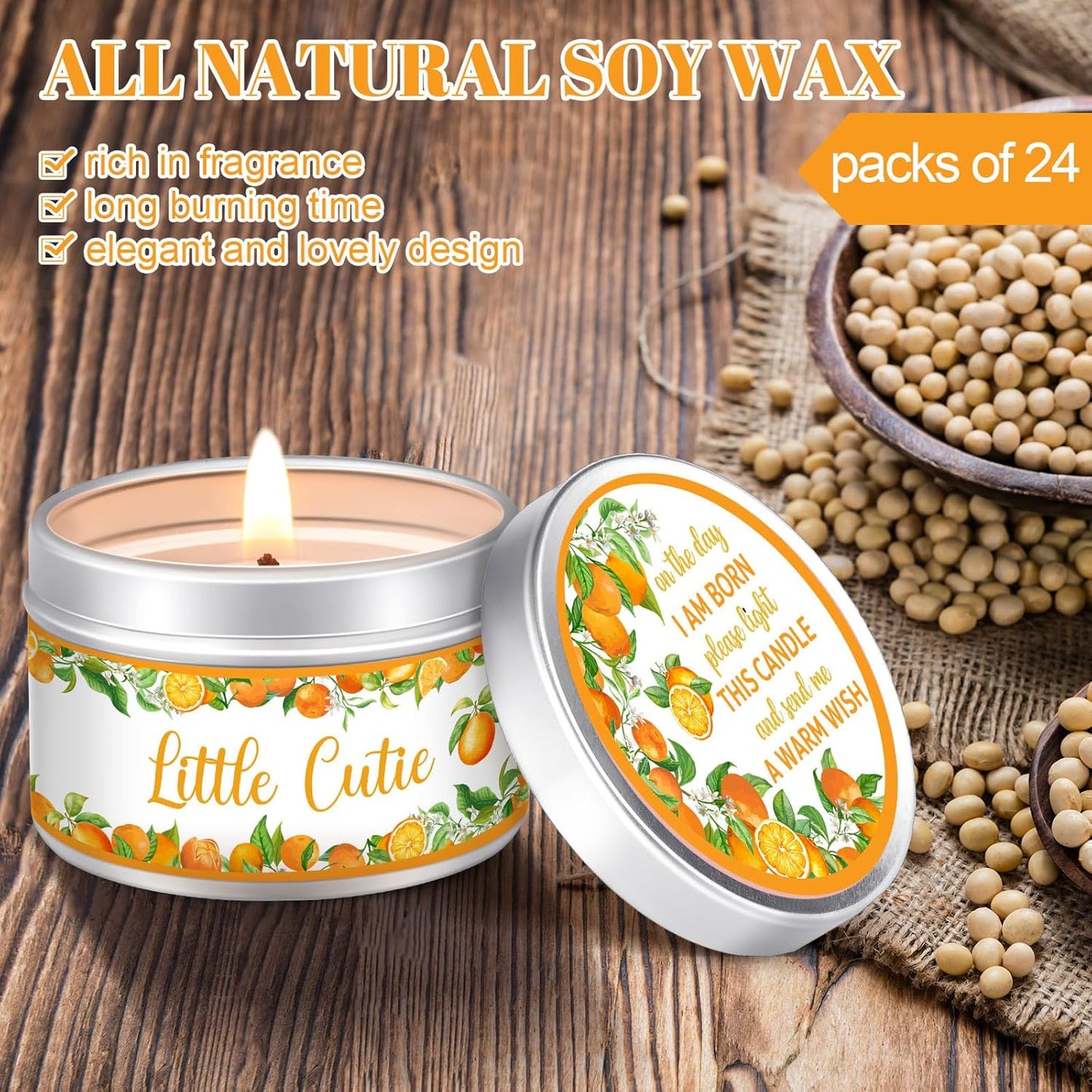 MTLEE 24 Pcs Mandarin Orange Baby Shower Party Favors Candles Lavender Scented Baby Shower Favors for Guests Rustic Tealights Candles Gender Reveal Return Gifts Girl Boy(1.2 Oz, Orange)