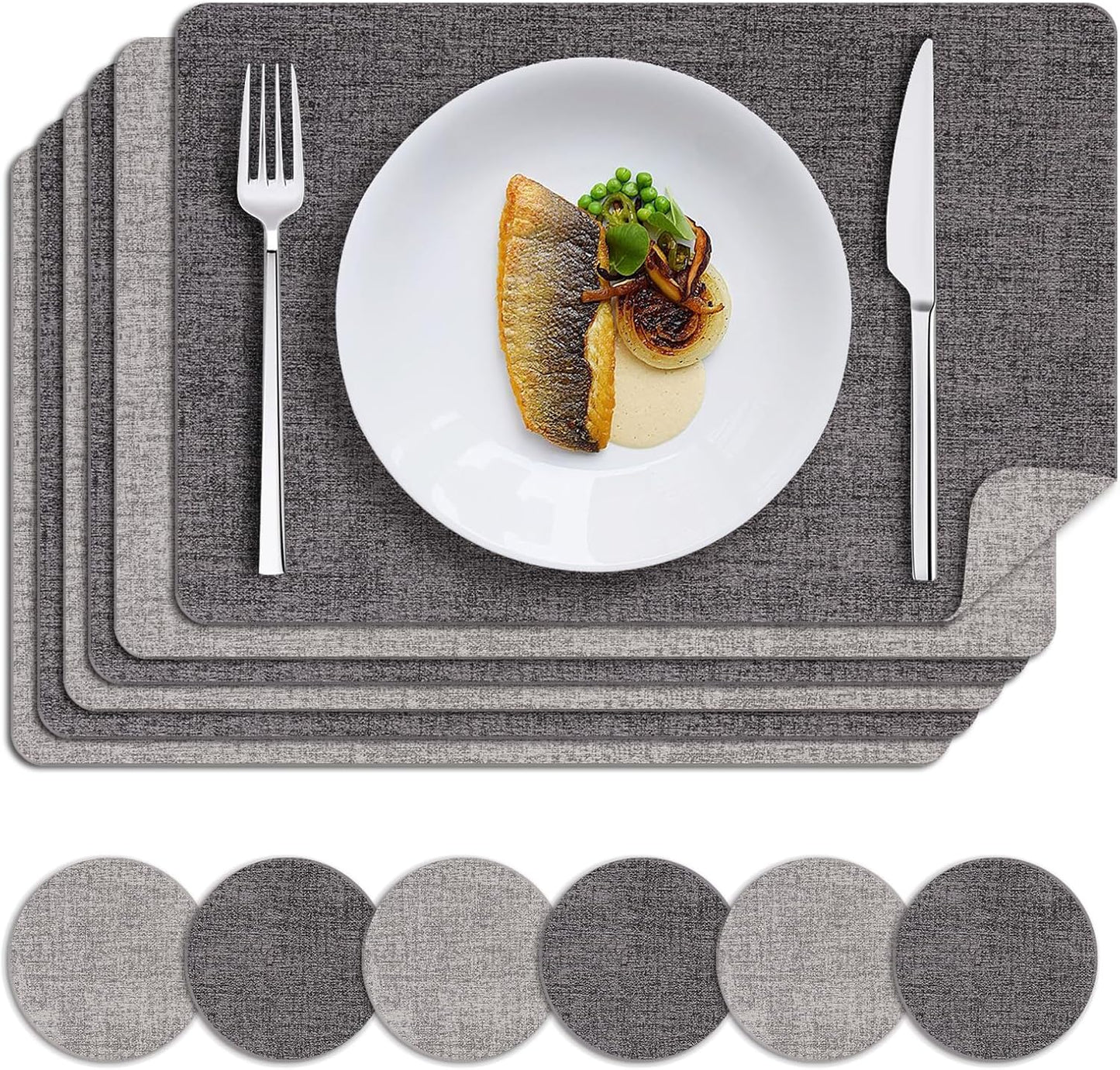 MOSAYT Faux Leather Placemats Set of 6, Heat Resistant Wipeable Washable Vinyl Place Mats with Coasters, Waterproof Oil Proof Table Mats for Kitchen Dining Party Outdoor, 12" x 18", Dark Light Grey