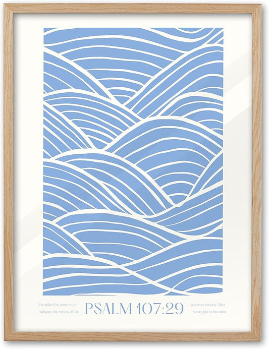 EcoHest Modern Christian Ocean Waves Framed Wall Art, 12x16 in OAK Wood Christian Psalm 107:29 Canvas Wall Art, Beige Logs Storm Home Decor Set of 1 for Bedroom Living Room