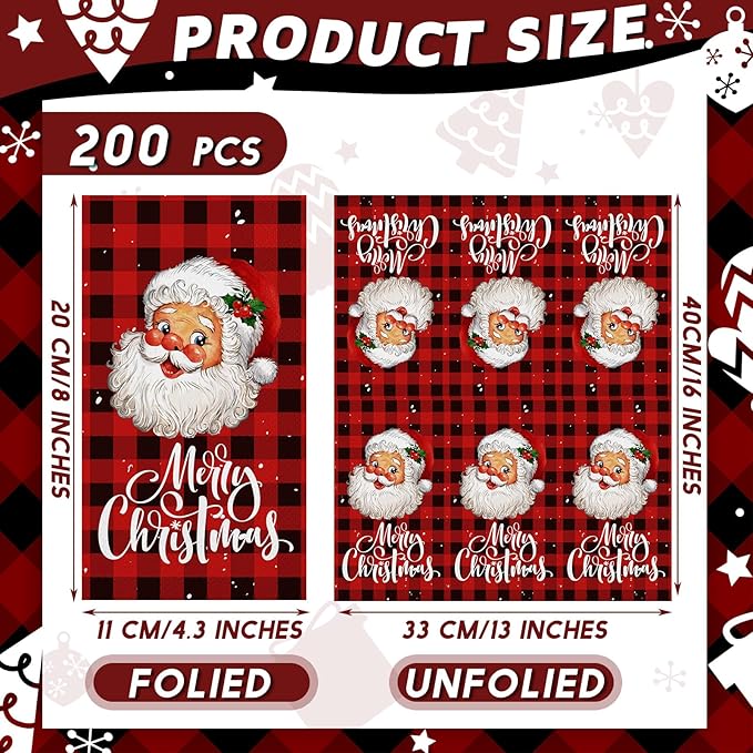 Karenhi 200 Pcs Christmas Paper Napkins 2 Ply Santa Claus Disposable Hand Towels for Bathroom Buffalo Plaid Guest Napkin Snow Decorative Paper Guest Towels for Bathroom for Party Holiday Wedding