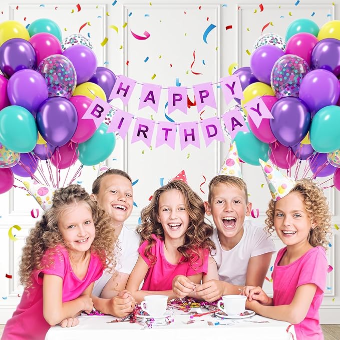 60pcs 12inch Pink Purple Blue Balloons, Hot Pink Yellow Metallic Purple Teal Confetti Balloons for Theme Engagement Baby Shower Birthday Party Decorations