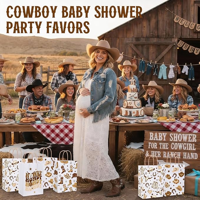 Gaillty 24 Pcs Western Cowboy Paper Bags Boot Hat Brown Cowboy Gift Bags Wild West Goodie Candy Treat Bag with Handles for Birthday Baby Shower Bachelorette Party Supplies Western Party Decorations