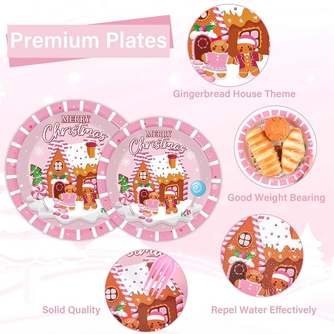 OBUSATT 96Pcs Christmas Gingerbread Paper Plates and Napkin Christmas Party Supplies Pink Gingerbread House Tableware Dinnerware Set for Xmas Winter Holiday Seasonal Table Party Decoration Serve 24