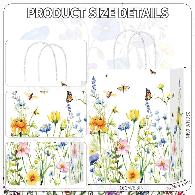 HongXingHai Wildflower Party Favor Bags 16Pack - Heavy-Duty Paper Gift Bags with Handles for Spring Garden Weddings, Bridal Showers, Birthday Tea Decorations