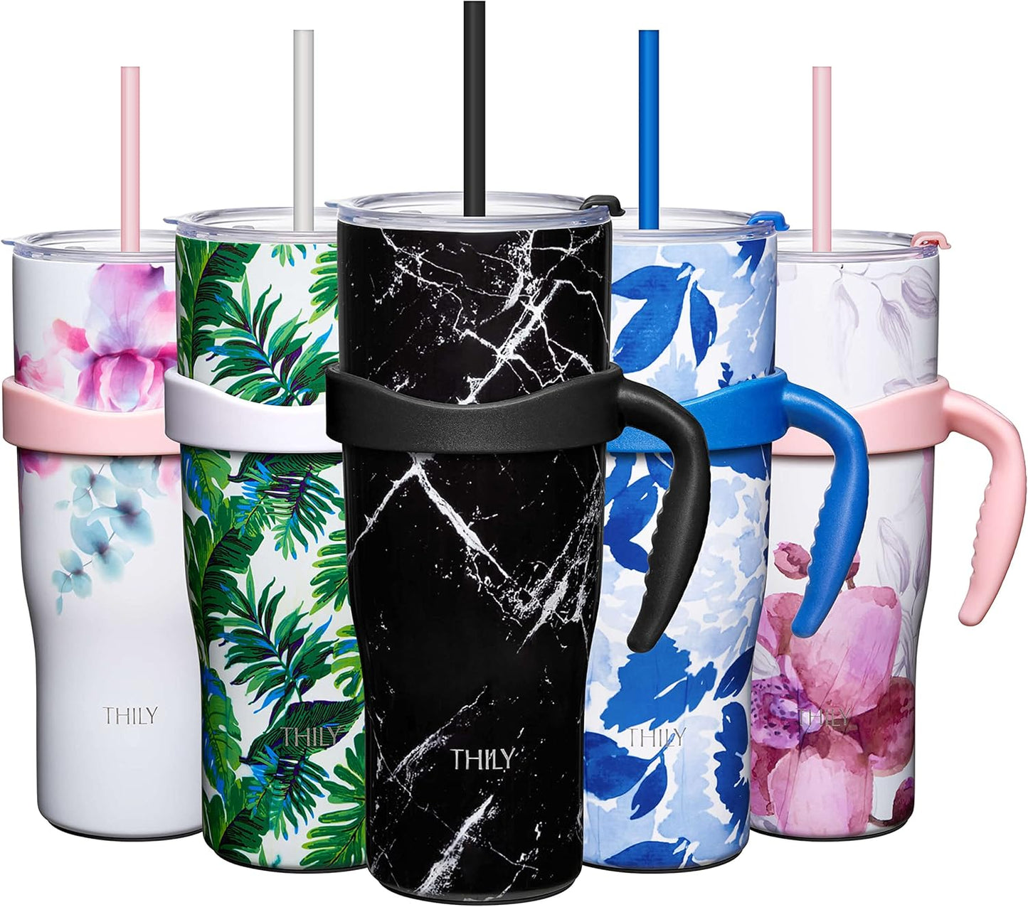 THILY Stainless Steel Vacuum Insulated Tumbler 40 oz Coffee Travel Mug with Handle and Lid, Reusable, Sweat Proof, Keep Drinks Cold for 34 Hours or Hot for 12 Hours, BPA Free, Black Marble