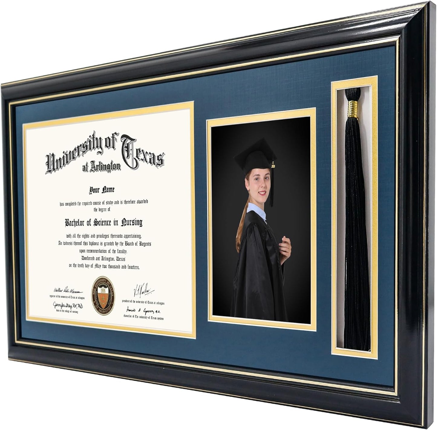 GraduationMall 11x22 Black Diploma Frame with Tassel Holder and Picture for 8.5x11 Certificate 5x7 Photo,Tempered Glass,Navy over Gold Mat