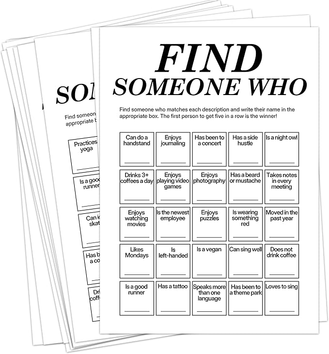 Sahjzk Office Bingo Cards, 25 Unique Randomized 5x7 Sheets, Get to Know You Bingo Game for Adults, Ice Breaker Office Party Games, Team Building Games for Work, High Replay Value - A04