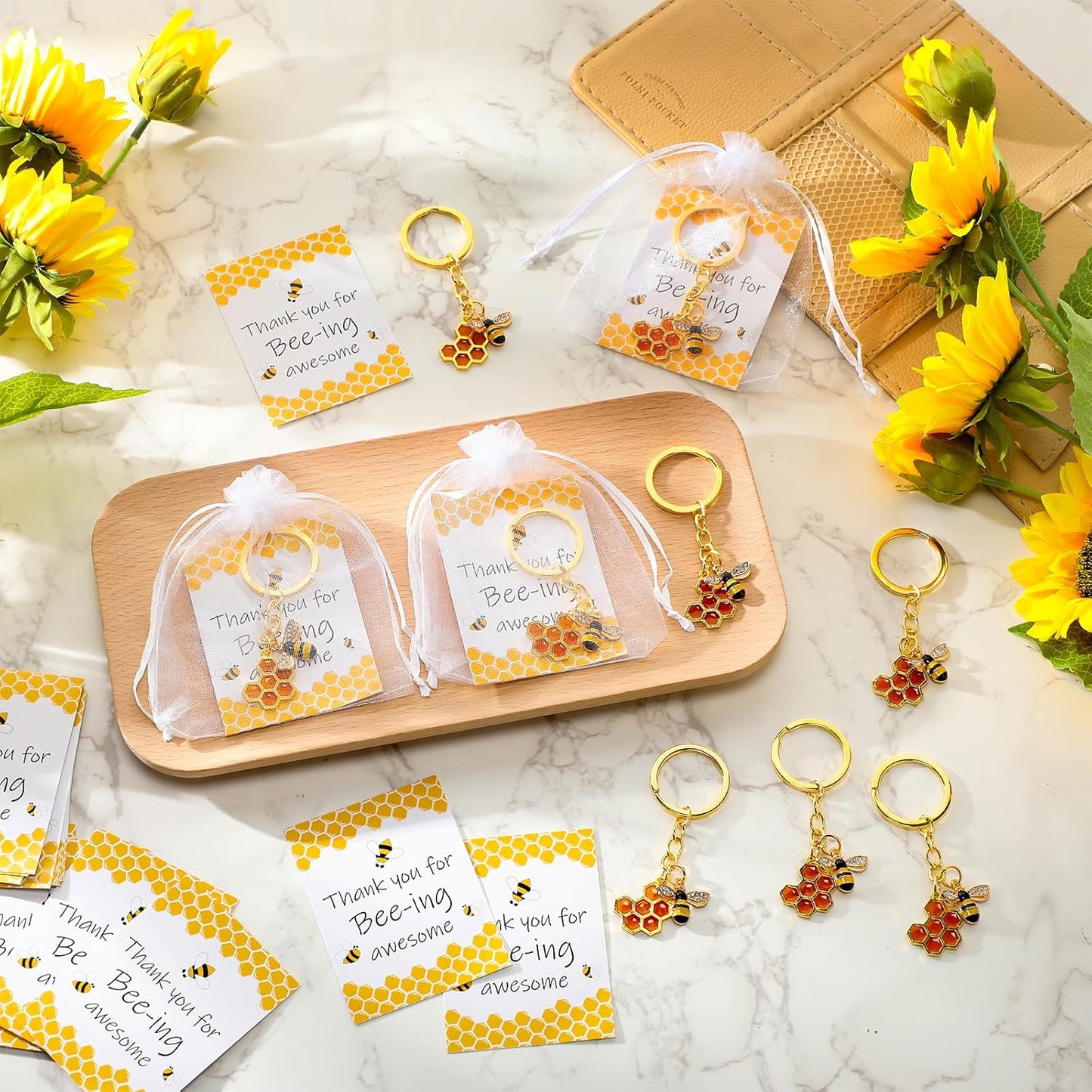 Landical Bee Employee Appreciation Gift Inspirational Bee Keychains Thank You Cards Organza Bag Cute Gifts for Coworker