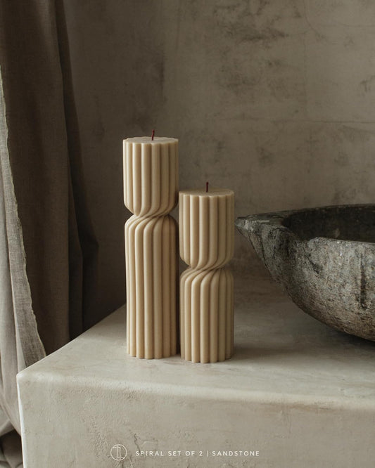 LAWA Spiral Spire Candle - Large Beautiful Handmade Pillar Scented Soy Wax Elegant Bubble Aesthetic Candle Housewarming Gift Home Room Shelf Decor Idea White (Set of 2, Sandstone)
