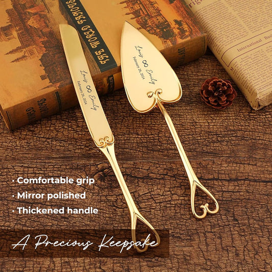 Personalized Wedding Cake Knife and Server Set Engraved Gold Cake Cutter Server Forks Custom Cake Cutting Set for Wedding Anniversary Engagement Birthday Gifts