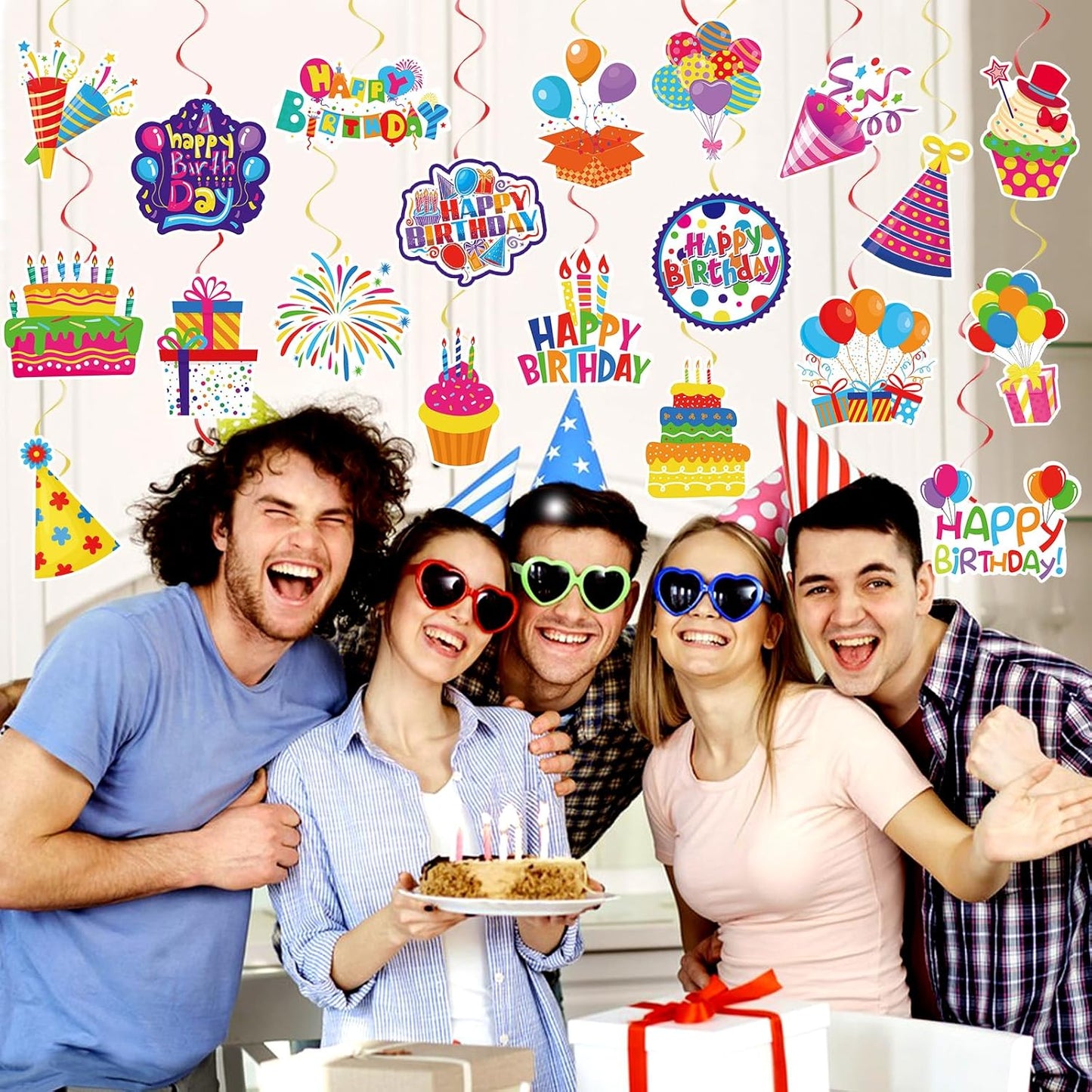 40Pcs Birthday Hanging Swirls, Colorful Cupcake Balloon Sign Swirl Decor Birthday Ceiling Decorations Happy Birthday Hanging Swirl Decorations for Baby Shower Birthday Party Supplies