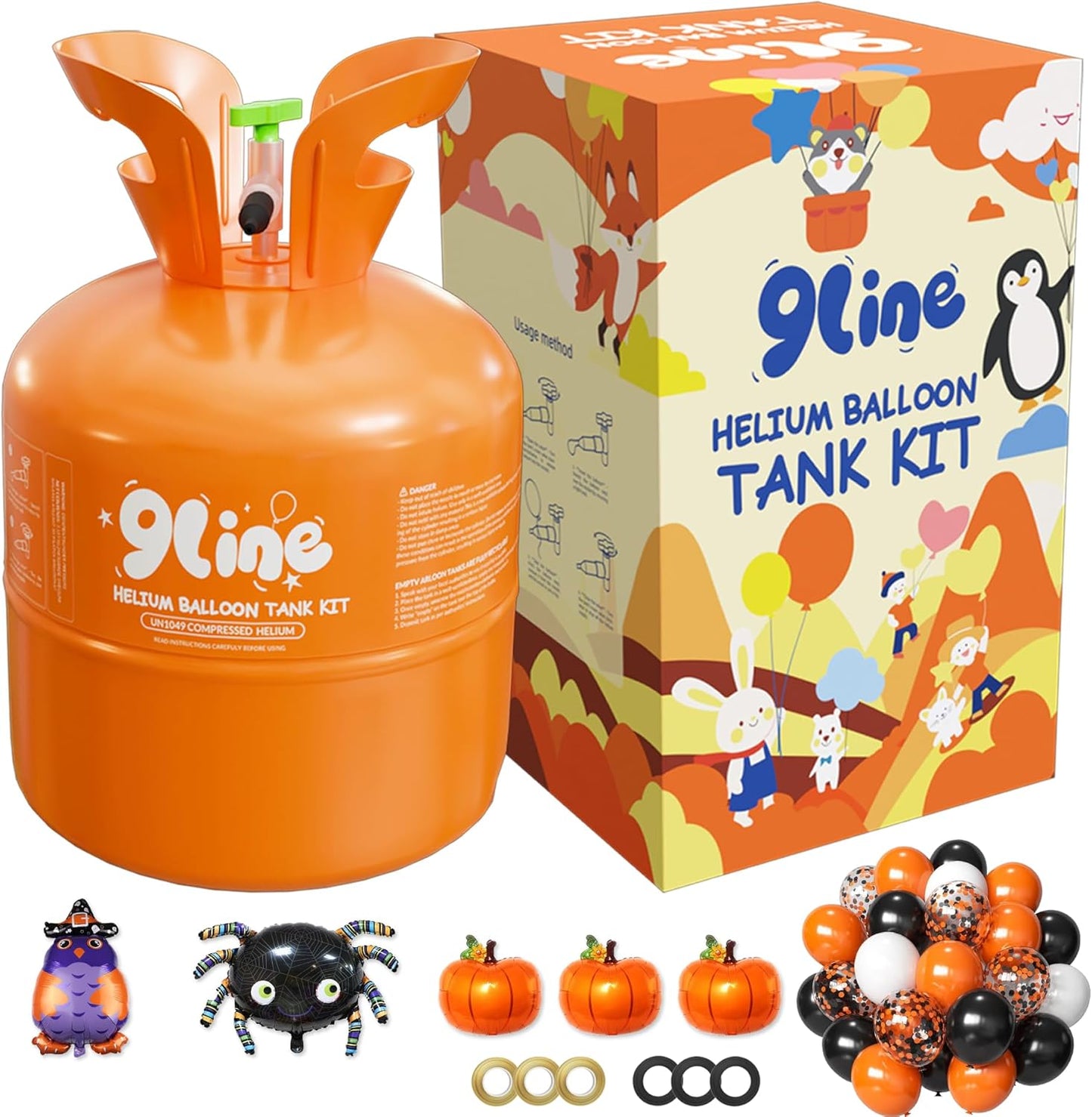Helium Tank for Balloons At Home 13L Helium Tank,50 12-Inch Orange&Black Balloons, 5 Foil Balloons, 8 Accessory Tools