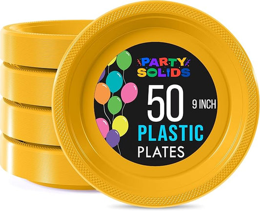 Exquisite Party Solids Yellow Plastic Plates For Party Supplies 9" Yellow Disposable Plates Heavy Duty 50 Pcs Plastic Dinnerware Sets Heavy Duty 350 GSM Disposable Dinnerware Set