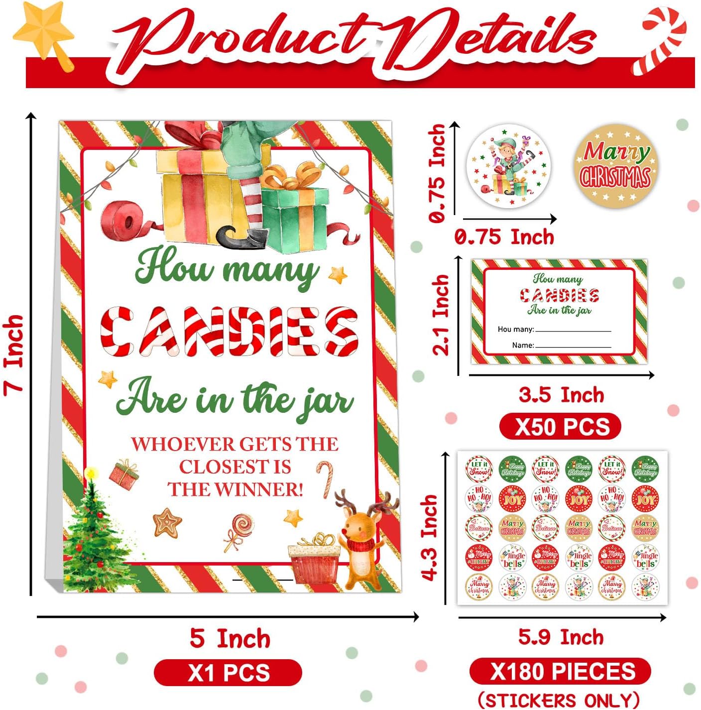 Guess How Many Christmas Kisses Game, How Many Kisses Standing Sign 50 Guessing Cards 180 Christmas Kisses Stickers, Christmas Games for Families, How Many Kisses Christmas Game Set for Christmas