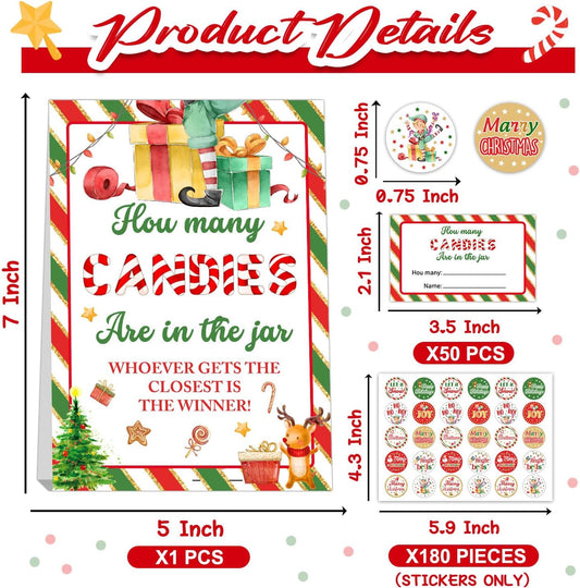 Guess How Many Christmas Kisses Game, How Many Kisses Standing Sign 50 Guessing Cards 180 Christmas Kisses Stickers, Christmas Games for Families, How Many Kisses Christmas Game Set for Christmas