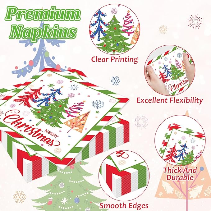 OBUSATT 96Pcs Christmas Party Supplies Red Green Christmas Tree Paper Plates and Napkins Disposable Xmas Tableware Dinnerware Set Winter Snowflake Plates for Holiday Party Decorations Serves 24