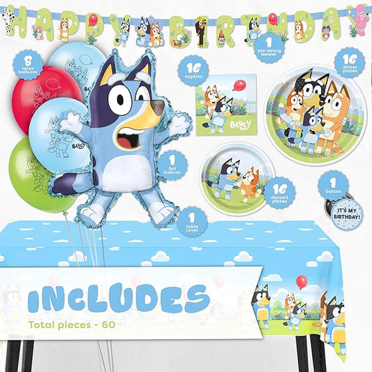 Unique Bluey Birthday Decorations | Bluey Party Decorations | Serves 16 | Officially Licensed | Balloons, Banner, Tablecover, Plates, Napkins, Button