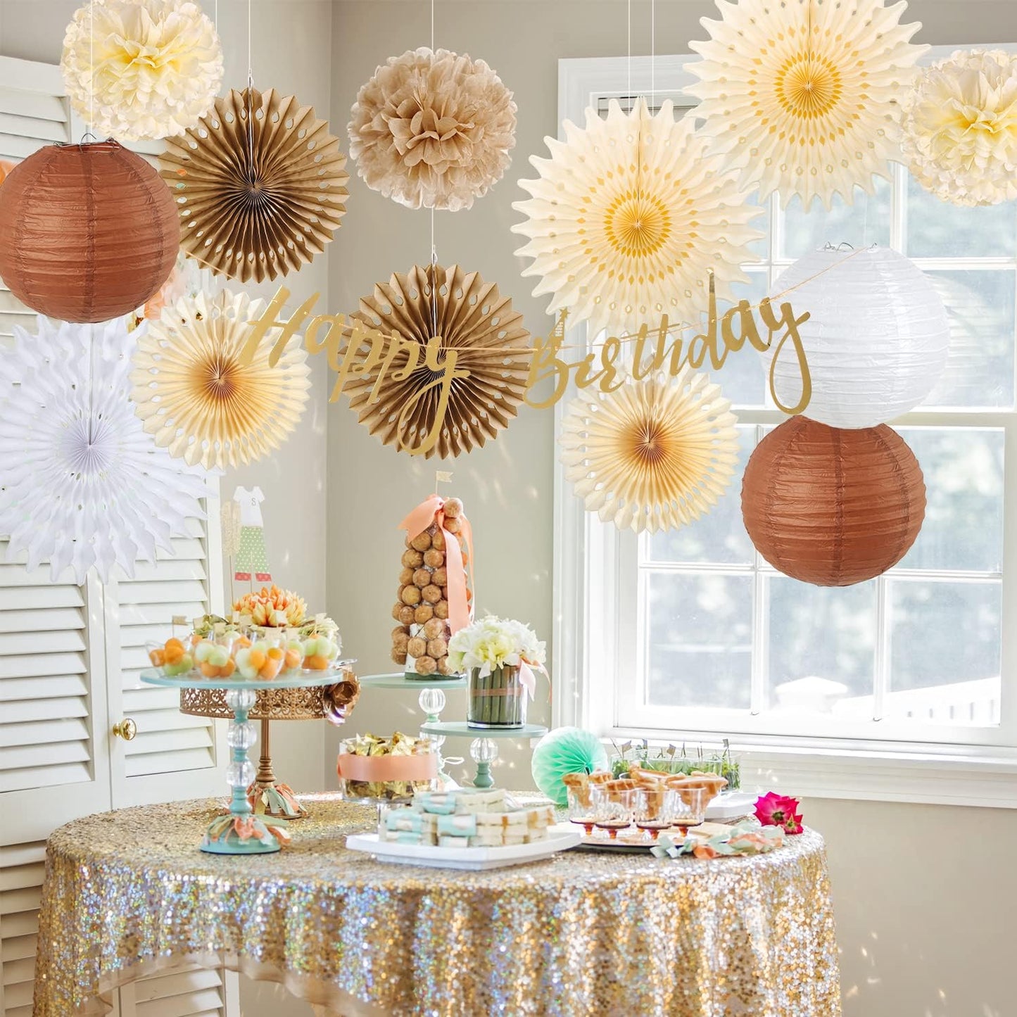 SUNBEAUTY Brown Birthday Party Decorations Rustic Paper Natural Birthday Decorations Hanging Lanterns Tissue Paper Pom Poms Boho Birthday Decorations For Women