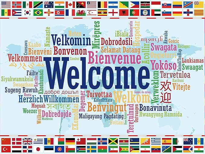 Homewelle International Flag Backdrop 8Wx6H Feet Polyester Fabric World Map Colorful Multilingual Welcome Banner Decoration Country Events Sports Club Favors Photography Background Photo Shoot Props