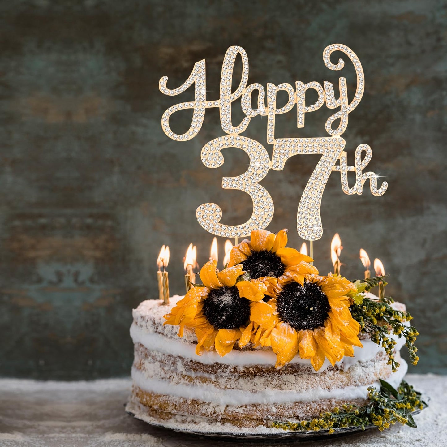 Happy 37th Birthday Decorations,37th Birthday Gold Rhinestone Cake Topper - Cheers to 37 Years Old Bday Party Metal Sparkly Cake Centerpieces Sign.