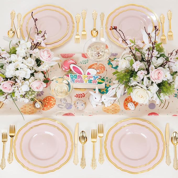 Hioasis 60pcs Pink Plastic Plates - Pink and Gold Disposable Dinnerware with Gold Rim, Heavy-duty, 10.25 inch, Dinner Plates for Party & Easter