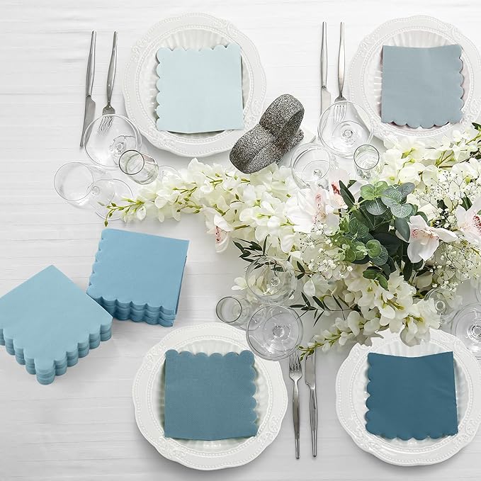 durony 150 Pack Scalloped Napkins 5 x 5 Inch Disposable Paper Napkins Gradient Color Napkins with Scalloped Edges for Dinner Wedding Birthday Party Supplies, Fog Blue