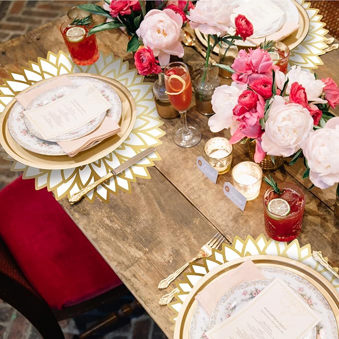 Sinmoe 100 Pack Disposable Paper Placemats Bulk 13 Inch Paper Charger Place Mat Party Charger Plates Table Place Mats for Dinner Wedding Birthday Baby Shower Spring Dining Tableware(Golden Print)