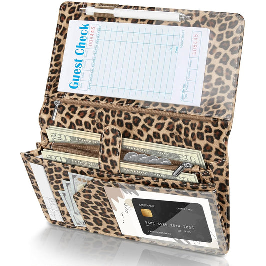 Server Book High Volume, Expandable Server Book,5"×9", Waitress Waiter Book, Leather Waitress Book with 2 Zipper and Magnetic Pockets, Server Books Server Booklet Fit Server Apron, Leopard Print