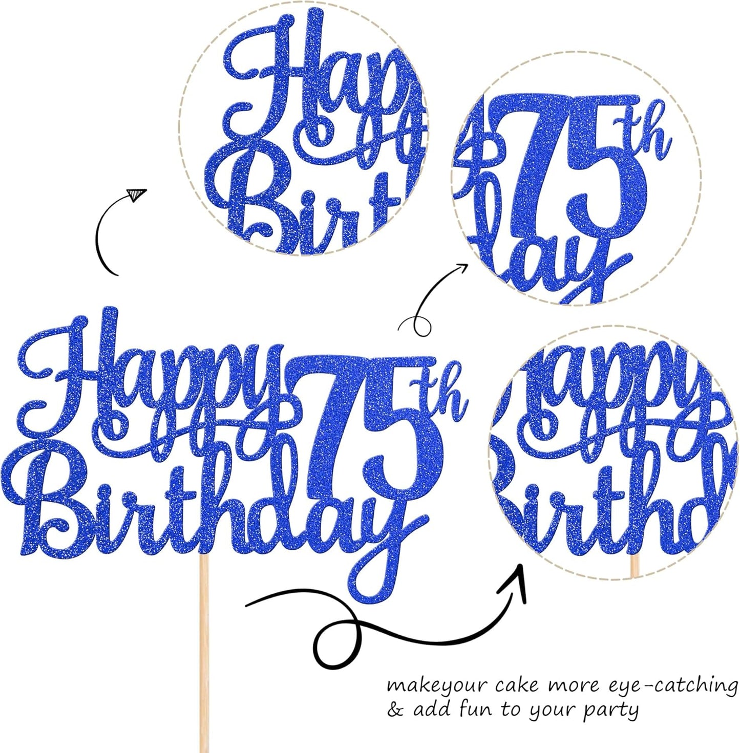 1 PCS Happy 75th Birthday Cake Topper Glitter Cheers to 75 Years Birthday Cake Pick Seventy Five 75 Fabulous Cake Decoration for Happy 75th Birthday Theme Party Decorations Supplies Blue