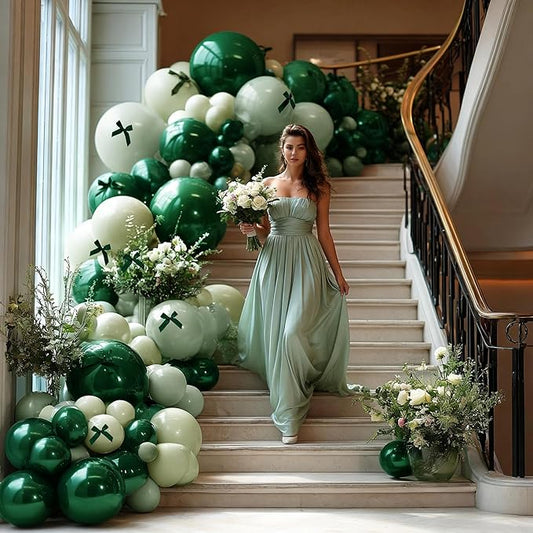 Emerald Green Balloon Arch Kit with Bow, Double Stuffed Dark Forest Hunter Green Dusty Pastel Light Green Balloon Garland for Birthday Bridal Baby Shower Graduation Jungle Safari Party Decoration