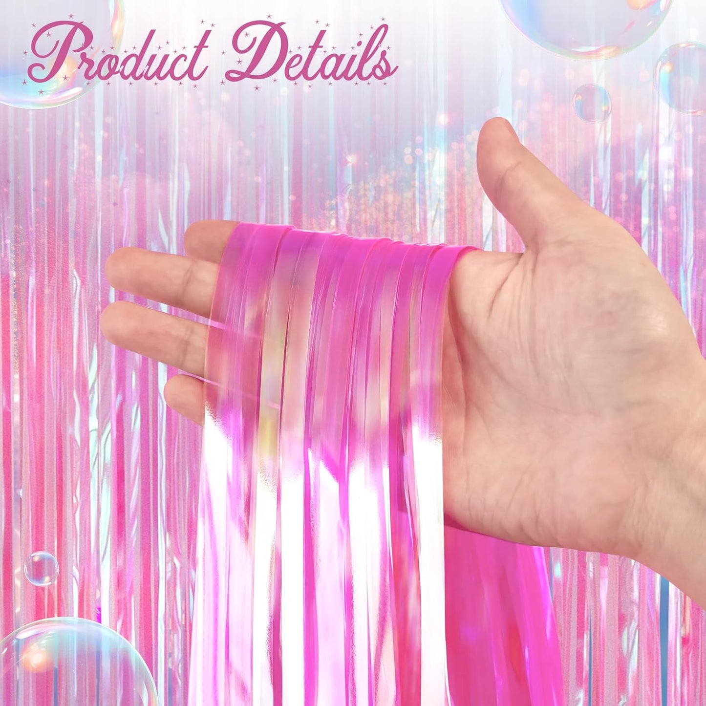2 Pack Hot Pink Iridescent Streamers Backdrop, 3.3x6.6ft Foil Fringe Curtains Holographic Door Tinsel Streamers Photo Booth Prop for Birthday, Wedding, Holiday, Bachelorette, Theme Party Decorations