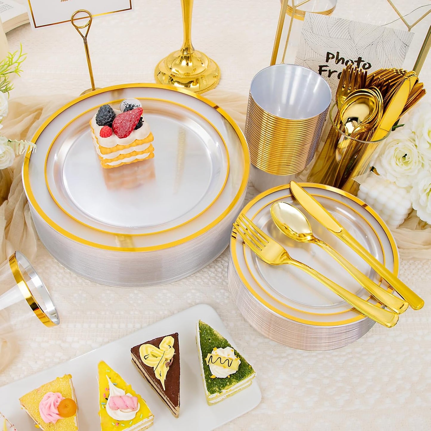 150 PCS Clear Gold Disposable Dinnerware Set for 25 Guests, Clear and Gold Plastic Plates for Party, 25 Dinner Plates, 25 Salad Plates, 25 Cups, 25 Spoons Forks Knives for Wedding and Party Supplies