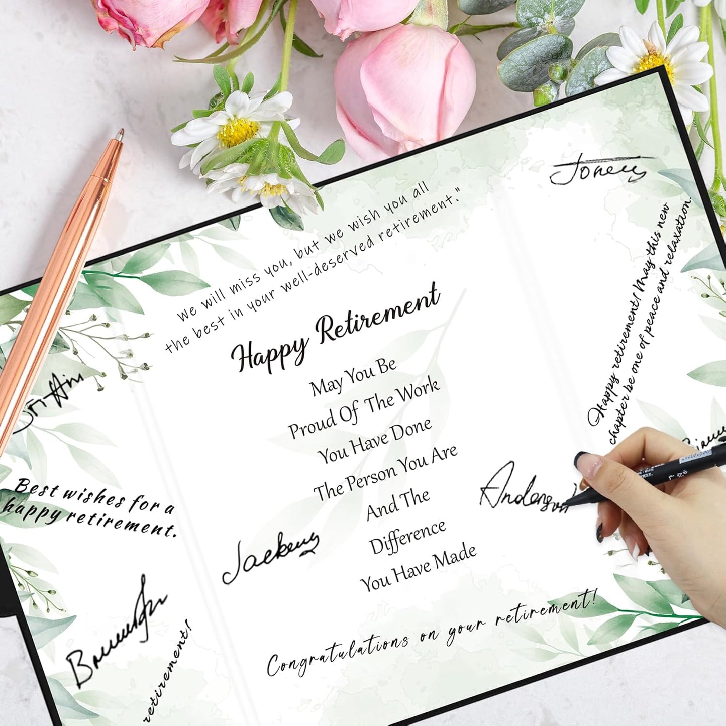 Holkcog Retirement Decorations Watercolor Leaf Retirement Signature Book Best Green Retirement Gift for Woman, Coworkers Friends Retirement Cards Retire Party Decor Guestbooks Supplies Goodbye Cards