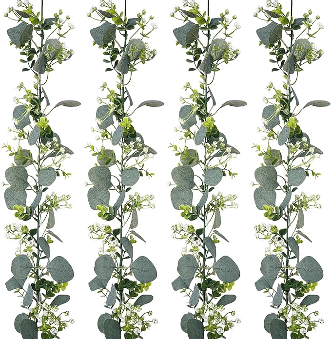 4 Pack Artificial Eucalyptus Garland with White Flowers,5.9FT Greenery Garland Fake Vines Hanging Green Garlands for Table Centerpieces Outdoor Festival Wedding Backdrop Arch Wall Decor