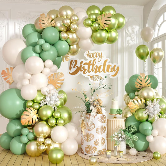 Sage Green and Gold Balloon Arch Garland Kit, Olive Metallic Chrome Green Gold Latex Balloons, Beige Cream Balloons for Wedding Bridal Baby Shower Gender Reveal Birthday Jungle Party Decorations