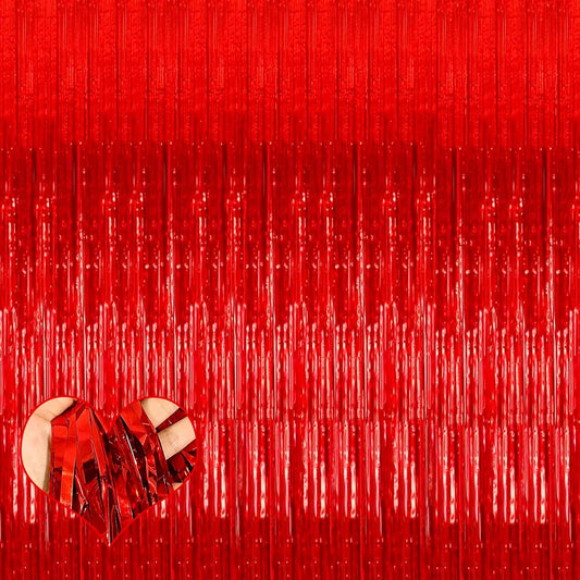 4 Pack Red Fringe Curtain Backdrop, 3.2Ft x 9.8Ft Metallic Tinsel Foil Fringe Streamers Background for Photo Booth Birthday Wedding Baby Shower Carnival Easter Mother’s Day Party Decorations