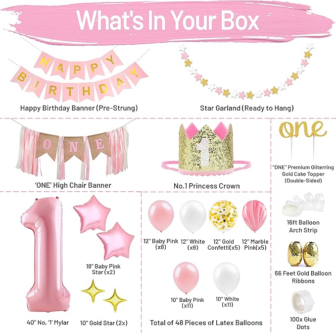 First Birthday Decorations for Girl | 1st Baby Girl Number 1 Balloon, Happy Birthday Banner, “One” Cake Topper, Star Garland, Marble Pink, Gold Confetti, Heart Balloons, Paper Tassels | PartyHooman