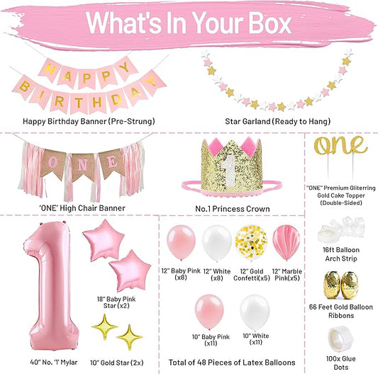 First Birthday Decorations for Girl | 1st Baby Girl Number 1 Balloon, Happy Birthday Banner, “One” Cake Topper, Star Garland, Marble Pink, Gold Confetti, Heart Balloons, Paper Tassels | PartyHooman