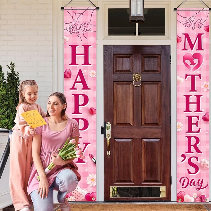 Happy Mother's Day Porch Banner Decorations,Mothers Day Porch Sign Pink Heart Flowers Mother's Day Indoor Outdoor Hanging Banner for Best Mom Ever,Mothers Day Birthday Party Decor