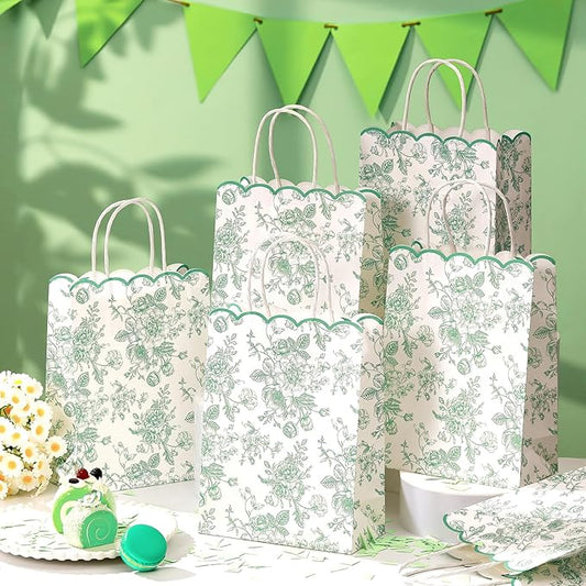 Kolldenn 24 Pcs Sage Green Floral Gift Bags with Handles Wildflower Party Favor Candy Treat Goodie Bags Scalloped for Birthday Decoration for Bridal Baby Shower Party Supplies