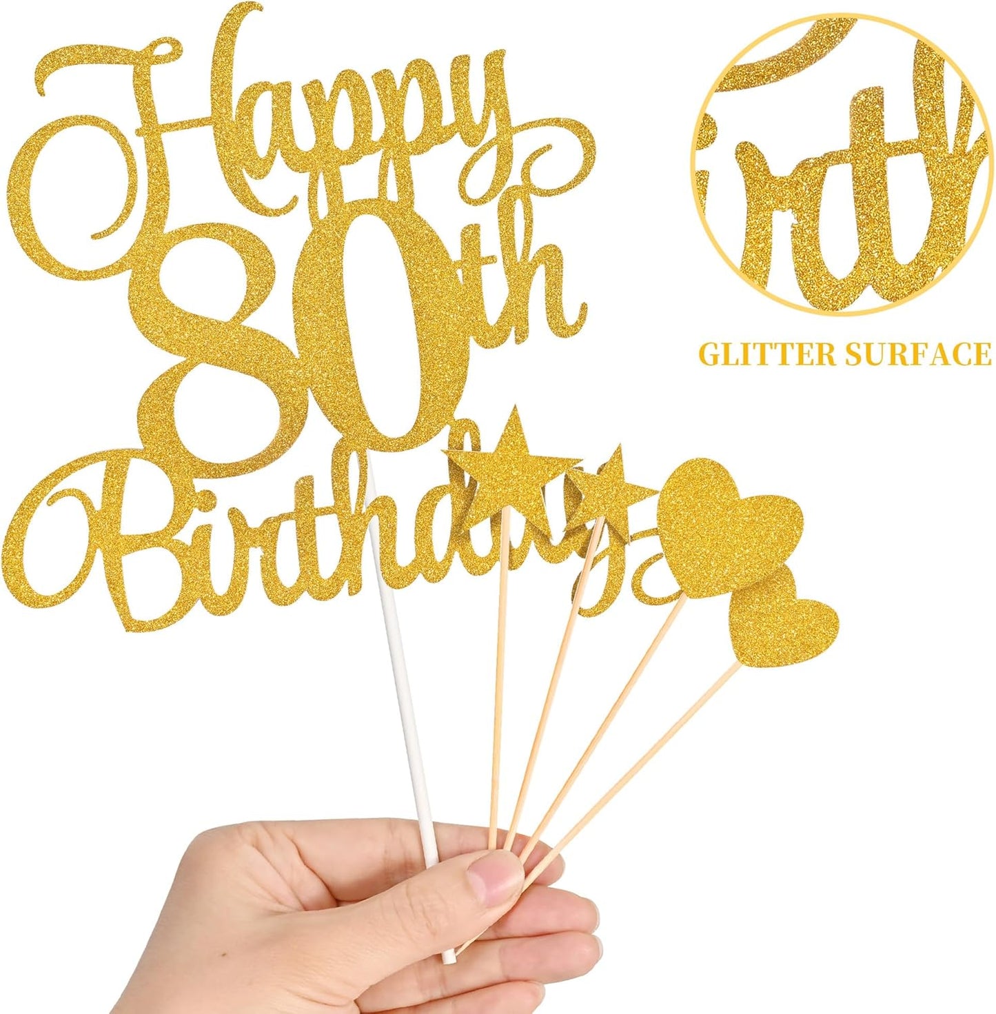 80th Birthday Cake Decorations, 80th Birthday Candles Cake Numeral Candles and Glitter Happy 80th Birthday Cake Toppers Set for Birthday Party Supplies (Gold)