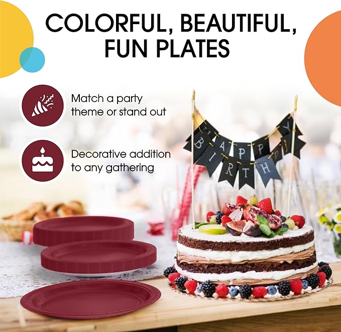 Exquisite Burgundy Paper Plates Disposable Heavy Duty 100 Pcs - 50-7" & 50-9" Burgundy Disposable Plates For Party Heavy Duty Paper Plate 350 GSM Birthday Party Supplies Plate Set
